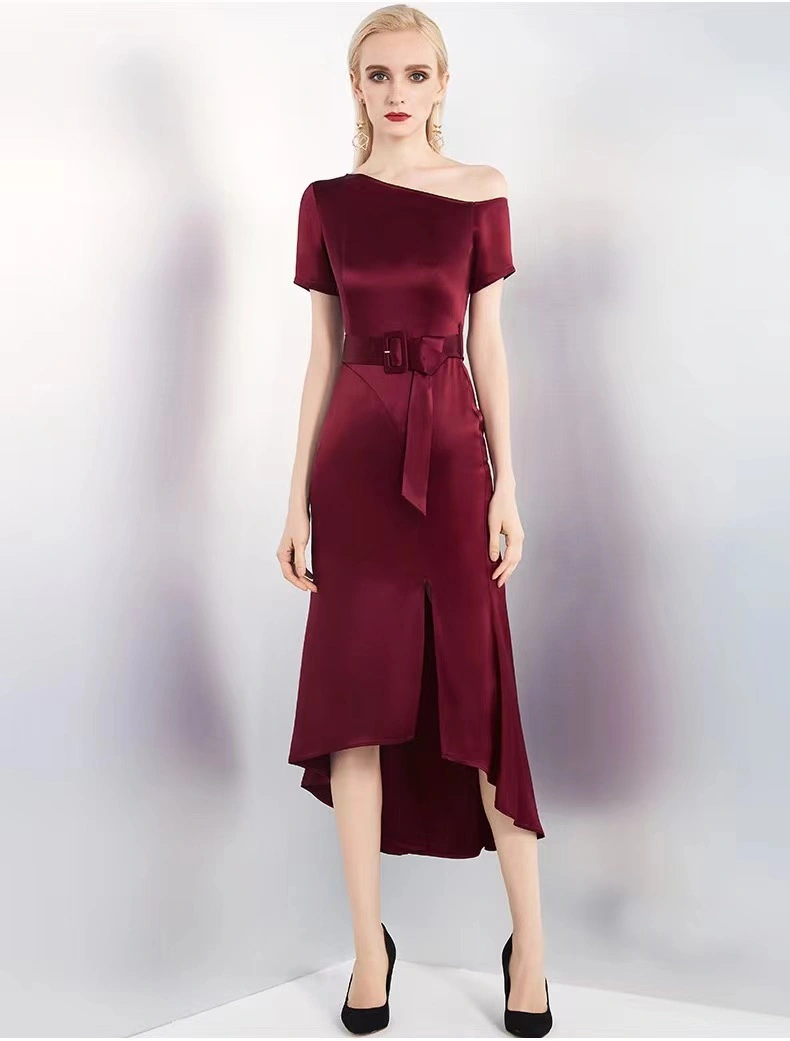 High Quality Satin Sexy Woman Luxure Wine One- Shoulder Irregular Fashion Ladies Dress with Belt